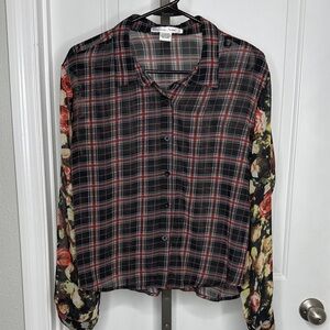 Sans Souci Sheer Plaid Button Down Top